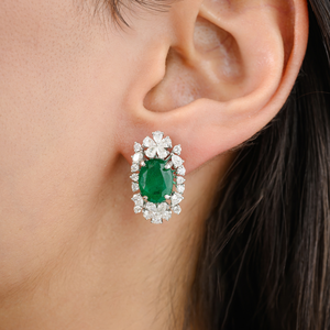 18K White Gold Art Deco Emerald Diamond Stud Earrings - Product Image 1