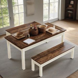 Set da Cucina Salvaspazio 3 Pezzi Stile Rustico per 4-6 Persone, Tavolo da Pranzo in Legno da 55 Pollici con 2 Panche per Sala da Pranzo - Product Image 1