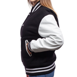 Varsity <b>Jacket</b> Unisex Black <b>White</b> Contrast Sleeve Preppy Style Regular Fit Turn-down Collar Button Closure Autumn Wear - Product Image 3