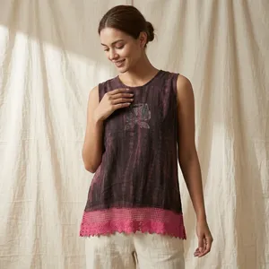 Kurti court en coton pour femme, sans manches, imprimé, tunique décontractée ethnique avec ourlet en dentelle décorative pour l'été, mode indienne - Product Image 5