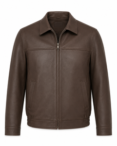 <b>Men</b>’s Classic <b>Brown</b> <b>Leather</b> <b>Jacket</b> with Shirt Collar, Front Zip, Side Pockets and Comfortable Regular Fit - Product Image 1