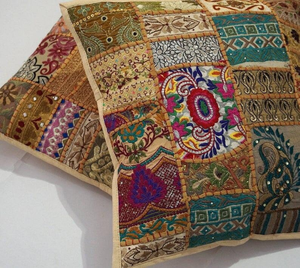 Handmade Patchwork Embroidered Cushion Cover Square Bohemian Style Cotton Linen <b>Home</b> Decor India Made - Product Image 2