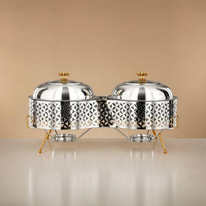 Lujoso calentador de acero inoxidable de doble cuenco con tapa de cristal, soporte con patas doradas y diseño geométrico, para buffet, unidad individual - Product Image 1
