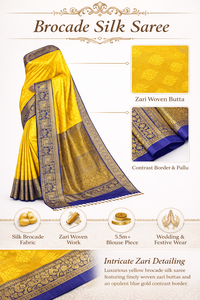Sari Tradicional de Seda Brocada Amarilla con Bordado Zari y Borde Azul Dorado en Contraste para Uso Festivo - Product Image 6