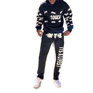 Ensemble deux pièces unisexe décontracté en molleton bouclette, sweat à capuche imprimé intégral et pantalon évasé, survêtement d'entraînement - Product Image 2