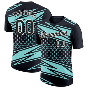 Maillot de sport personnalisé imprimé par sublimation bleu noir à manches courtes unisexe respirant pour adulte Nom de l'équipe 00 Votre nom 00 Devant - Product Image 2