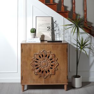 Credenza Rustica Boho con 2 Ante in Legno Massello Intagliato a Mano con Design Floreale per Soggiorno - Product Image 1