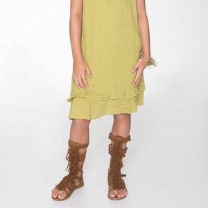 Super Comfiest Boho Sleeveless Lime Green Frill Midi Dress Crafted In Soft & Super Comfortable Fabric For Your <b>Cute</b> Little <b>Doll</b> - Product Image 3