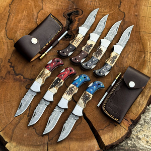 Wholesale Best Price Industrial Grade Damascus Steel Clip Point Hunting Camping Folding Pocket Knife OEM EDC with Leather Pouch - Product Image 1