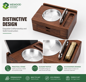 Premium Solid Walnut Wood Cigar Ashtray Organizer with Phone Tablet Holder Drawer <b>Lighter</b> Slot & Cigar Cutter Holder - Product Image 2