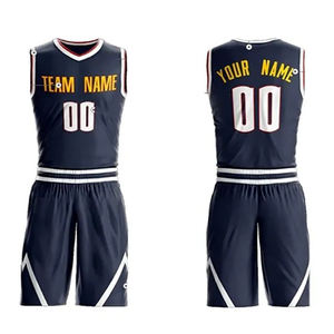 Uniforme de basket-ball personnalisé par sublimation |   Maillot d'équipe bleu marine à col en V et short à rayures Chevron |   Kit d'entraînement personnalisé avec nom et numéro - Product Image 2