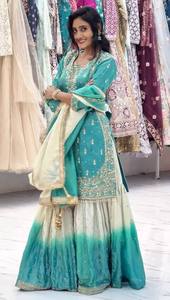 Turquoise Embroidered Silk Anarkali Suit Cream Gradient <b>Lehenga</b> Knee-Length All Seasons for <b>Women</b> Traditional Indian Wedding - Product Image 6