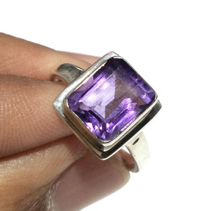 Bague en améthyste naturelle, argent sterling 925 massif, taille carrée, faite à la main, style bohème, forme fleur, certifiée par un tiers - Product Image 5