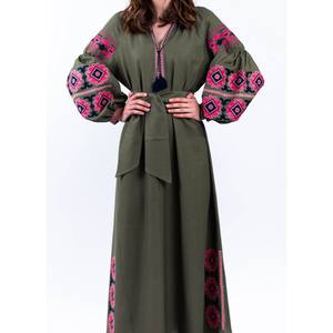 Robe longue brodée florale ethnique à col en V avec ceinture mi-taille pour femme, motifs brodés, manches longues, style Ukraine - Product Image 6