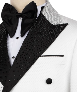 Smoking croisé pour homme blanc et noir orné de strass – Blazer de costume de mariage à revers contrastant - Product Image 4