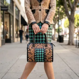 Vintage Women's <b>Handbag</b> Genuine Leather Bags Shoulder Bags Checkered Pattern Leather <b>Handbags</b> for Women - Product Image 2