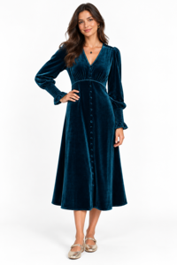 Vestido midi de terciopelo verde azulado para mujer, cuello en V, mangas largas abullonadas, vestido con botones en la parte delantera y corte en A - Product Image 2
