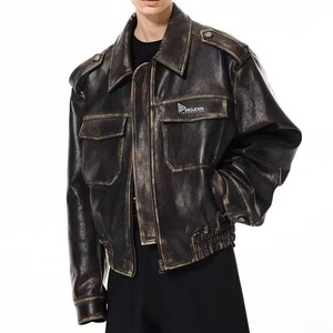 Custom Washed Leather <b>Winter</b> Men's <b>Quilted</b> Jacket Stand Collar High Quality Fashion Windbreak - Product Image 6