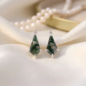 Boucles d'oreilles clous en argent sterling 925 avec agate verte mousse taille poire, bijoux élégants en pierres précieuses pour femmes, vente en gros - Product Image 2