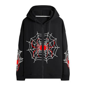 PUFFIN SPORTS OEM Women's Hooded <b>Zipper</b> Sweatshirt Black Spider Web Print Casual Autumn Wear 100% Polyester Knitted Full Sleeve - Product Image 1