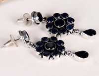 Großhandel Messing Oxidierte Blaue Saphir Blumenform Fassung-Set Tropfen-Ohrringe Damen Handgefertigt Vintage Antik Silber Mode