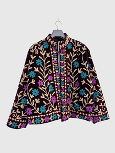 Floral Embroidered <b>Velvet</b> Jacket Mandarin Collar Full Sleeve Plus Size Women's Autumn Blouson Style - Product Image 1
