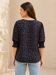 Navy Blue Floral Print Top V Neck Puff Half Sleeve Ruched Front Ladies Tunic Shirt Casual Daily Wear Clothes Wholesale Exporter - Product Image 4