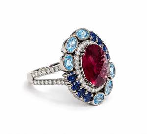 Luxury Women's Cocktail <b>Ring</b> 925 Silver Natural Stone Ruby Oval Cut with Blue Gemstones Prong Setting Flower Design Engagement - Product Image 2