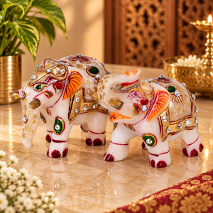 Ensemble de figurines d'éléphants en pierre de quartz blanc polie, fabriquées à la main, avec gaufrage doré, décoration d'intérieur - Product Image 3