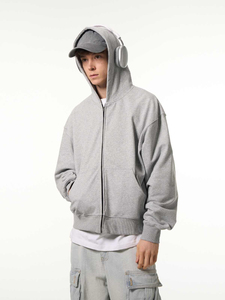 <b>Men's</b> <b>Grey</b> Hooded Zip-Up <b>Sweatshirt</b> 100% Cotton Oversized Casual Fit Solid Color French Terry Fabric Autumn Wear - Product Image 3