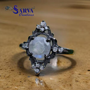 Bague en argent sterling 925 de style vintage avec pierre de lune naturelle ronde et accents de zircon cubique, bague de fiançailles pour femmes - Product Image 3