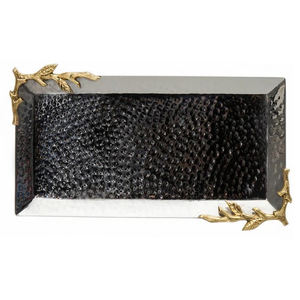 Plateau de service pour desserts en métal, taille personnalisée, design en forme de feuille admirable, texture martelée, plaqué noir - Product Image 1