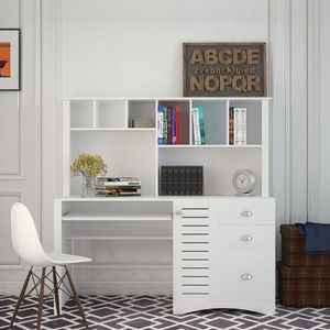 Antiqued White Home Office Computer <b>Desk</b> with Hutch - Product Image 2