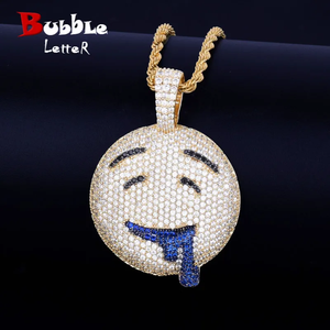 Drool Round Face Pendant Bling Necklace Mens Hip Hop Jewelry <b>Iced</b> <b>Out</b> Emoji Medallion Gold Silver Cuban <b>Chain</b> Charm Mens Choker - Product Image 5