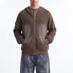 Sweat-shirt à capuche zippé pour homme en velours côtelé marron de haute qualité, coupe classique, couleur unie, décontracté, pour l'automne, avec poches - Product Image 1