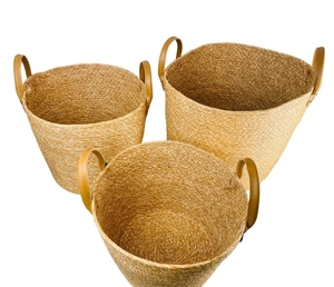 Paniers de rangement ronds tissés à la main en jonc de mer 100% naturel avec poignées en cuir, haute qualité, écologiques, personnalisables - Product Image 3