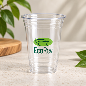 Gobelets en plastique transparent jetables EcoRev ECO38 ronds avec couvercles, diamètre 98 mm, logo feuille verte imprimé en sérigraphie, pour boissons - Product Image 3