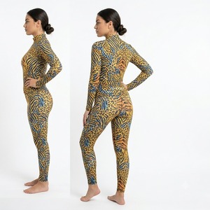 Women's Yellow <b>Animal</b> Print Long Sleeve High Neck Bodycon Jumpsuit Full Length Stretch Activewear - Product Image 2