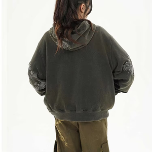 Sudadera con capucha para mujer OEM de alta calidad, oversize, vintage, con lavado ácido, con cremallera completa, con diseño de cara completa y pedrería personalizada - Product Image 2
