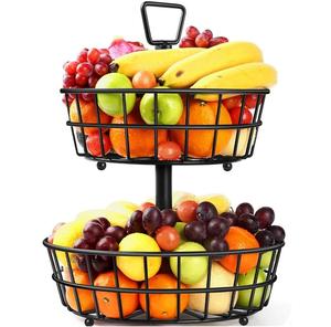 ตะกร้าผลไม้เหล็ก 2 ชั้น สีดำเคลือบสีฝุ่น รูปทรงกลม สำหรับโต๊ะครัว ลดราคาพิเศษ - Product Image 1