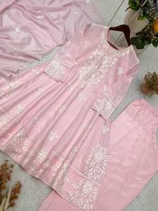 Ensemble Kurta et pantalon en mousseline de soie H.O.Silk brodée rose pour femmes, avec dupatta, style traditionnel indien pakistanais, pour mariage, séchage rapide - Product Image 6