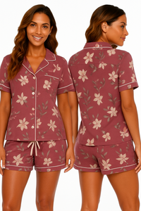 Women's Floral Print Short Sleeve Pajama <b>Set</b> With Turn-Down Collar And Button Closure Summer Sleepwear - Product Image 1