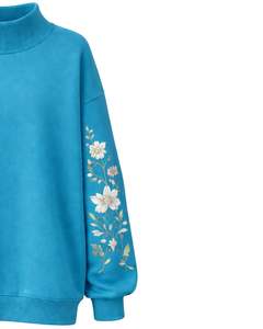 Sudadera Oversize de Forro Polar Azul Cielo para Mujer con Cuello Alto y Bordado Floral, Suéter Casual de Invierno de Algodón y Poliéster Cálido - Product Image 4