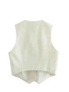 Gilet sans manches chic pour femme, col en V, simple boutonnage, élégant, blanc - Product Image 6