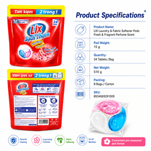 Cápsulas de detergente y suavizante para ropa LIX con aroma fresco y perfumado, 510g x 8 bolsas |   Formato Pre-Medido Conveniente - Product Image 1