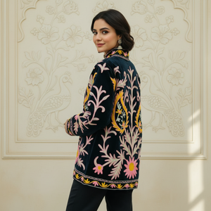 Blouson Bomber en Velours Noir avec Broderie Florale Moutarde Rose et Blanche, Col Montant, Doublure en Coton, Vêtement Décontracté pour Femme - Product Image 2