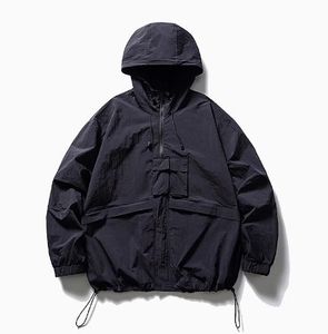 Men's Hooded Windproof <b>Jacket</b> Casual Solid Color Polyester Zipper Closure Loose Fit Autumn Outerwear with Pockets - Product Image 2