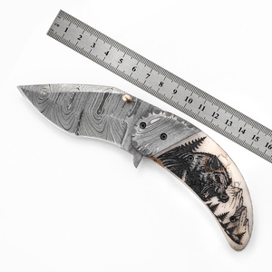 Cuchillo de Acero de Damasco Personalizado - Hoja Grabada con Láser - Mango de Hueso de Camello - Cuchillo de Caza y Camping de Grado Industrial 19cm OEM - Product Image 5