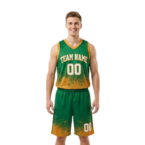 Conjunto de Uniforme de Baloncesto Personalizado para Hombre, Verde y Dorado, Jersey sin Mangas con Cuello en V, Pantalones Cortos con Estampado Splatter, Números de Equipo, Venta al Por Mayor - Product Image 1