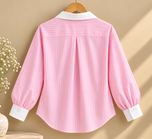 Women's Pink Striped <b>Long</b> Sleeve Button Down Shirt With <b>White</b> Collar And Cuffs Casual Loose Fit Spring Summer Blouse - Product Image 2